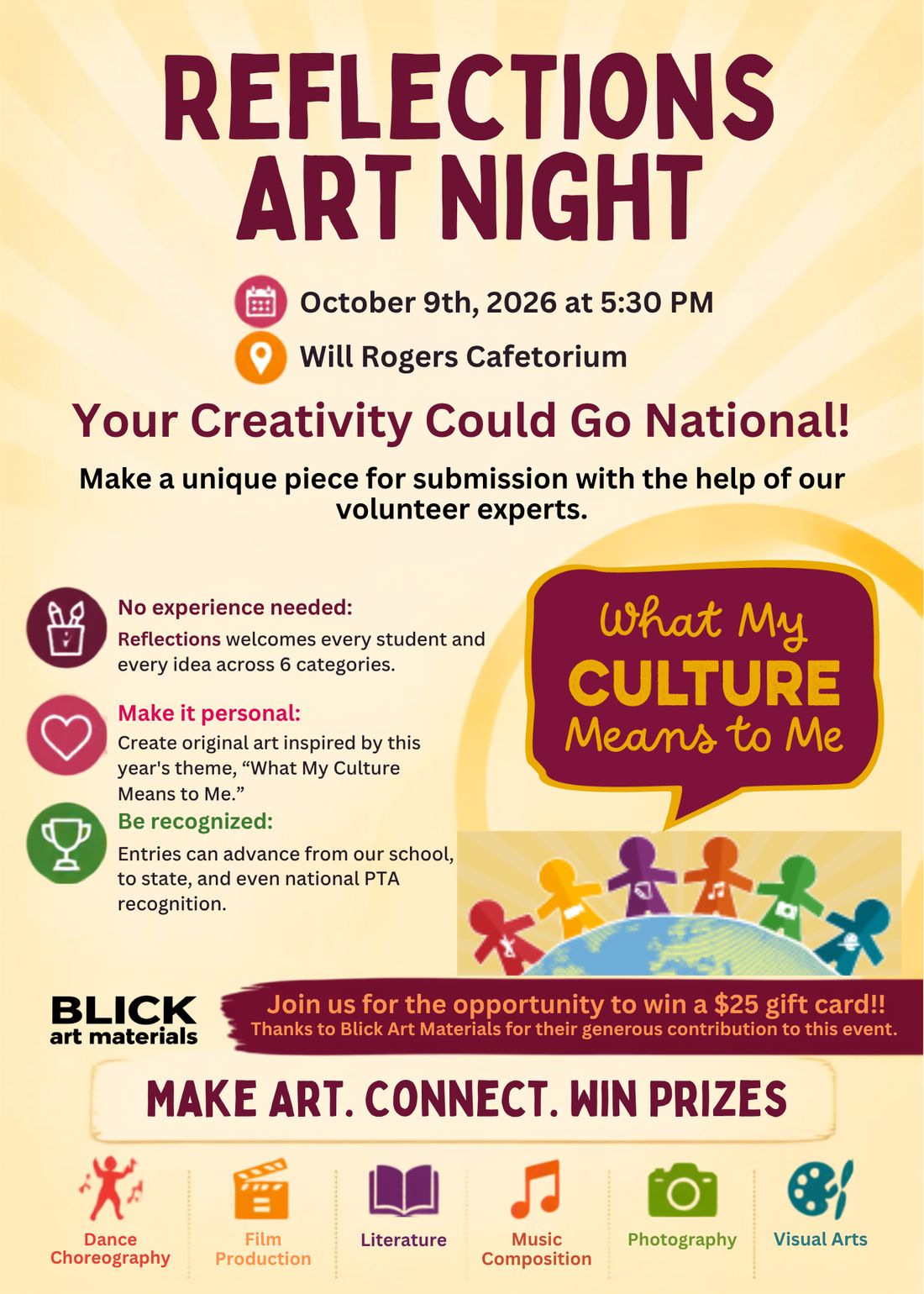 Reflections Art Night flyer: October 9, 2026 at 5:30 p.m., Will Rogers Cafetorium. Theme: What My Culture Means to Me.